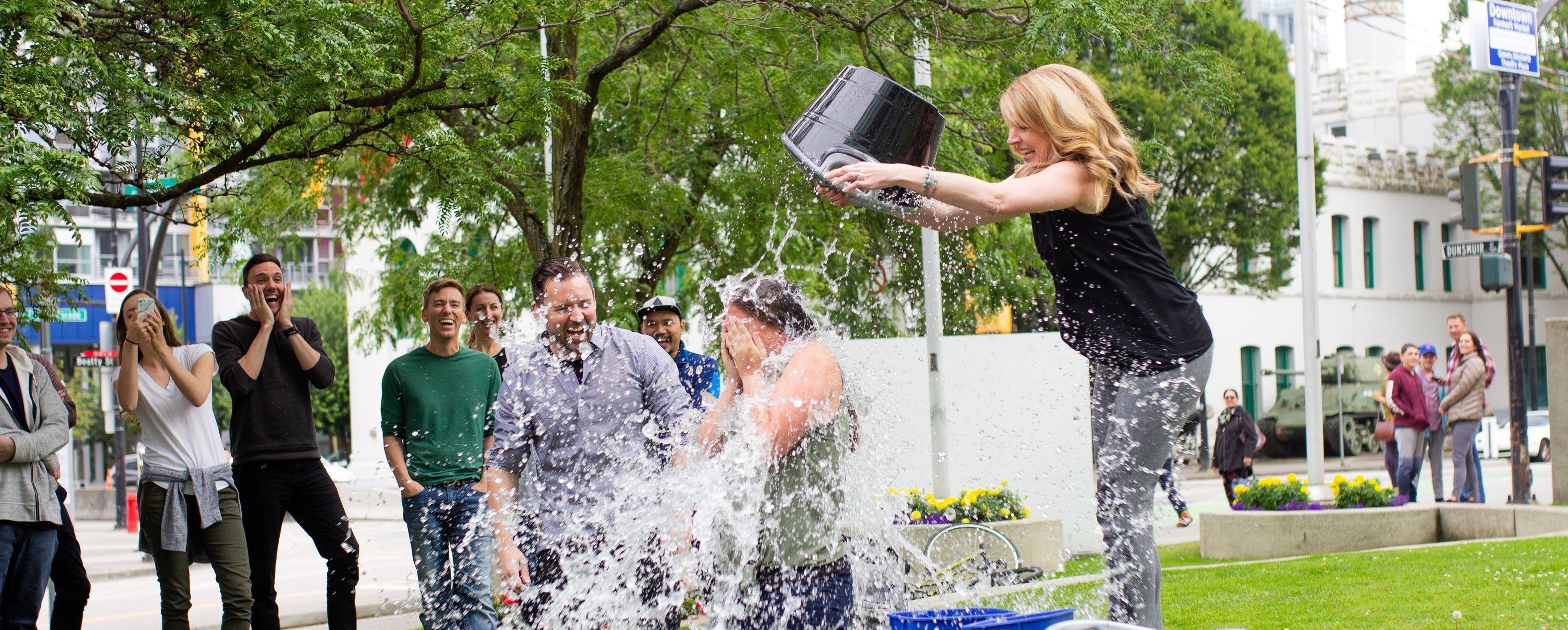 People participating in the ice bucket challenge