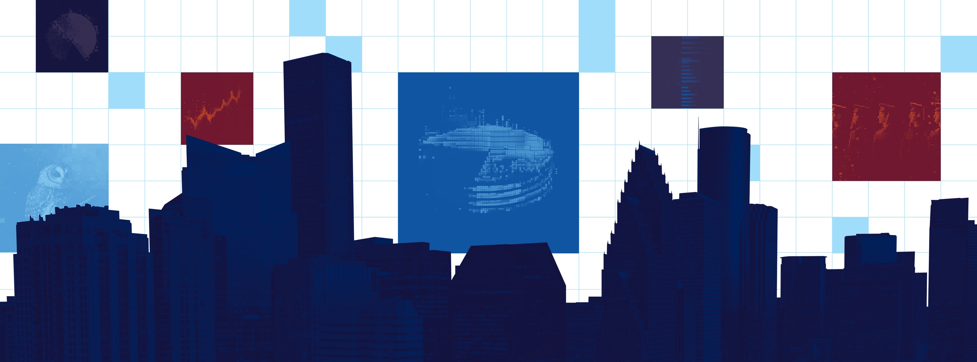 Graphic depicting Houston skyline with digital graphs