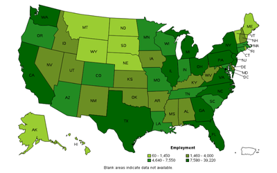 A map depicting paralegal job numbers by state.