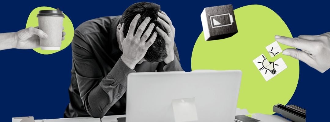 Exhausted male with laptop, surrounded by officee-related icons
