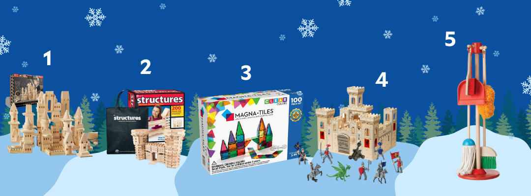 Pictures of different Pretend Play and Building Toys